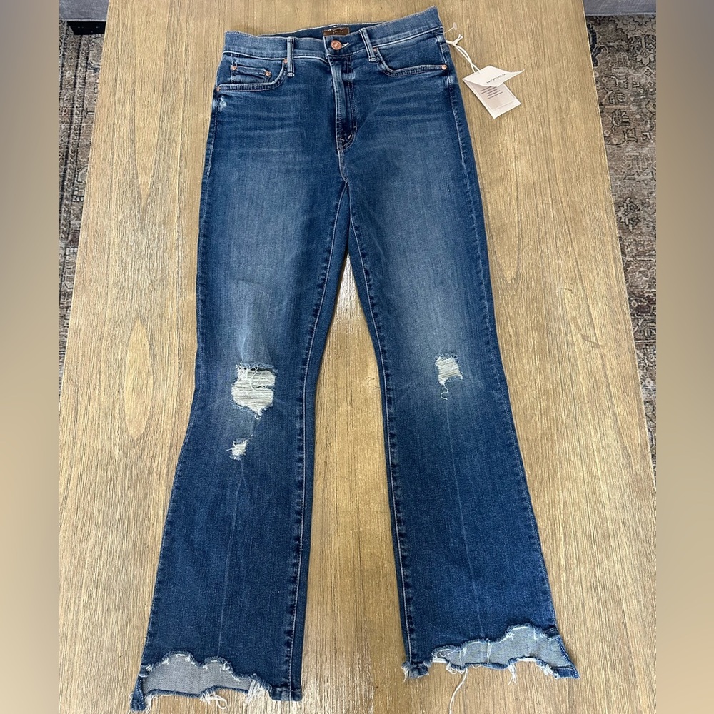 MOTHER High Rise Distressed Cropped Flare Jeans - Medium Blue